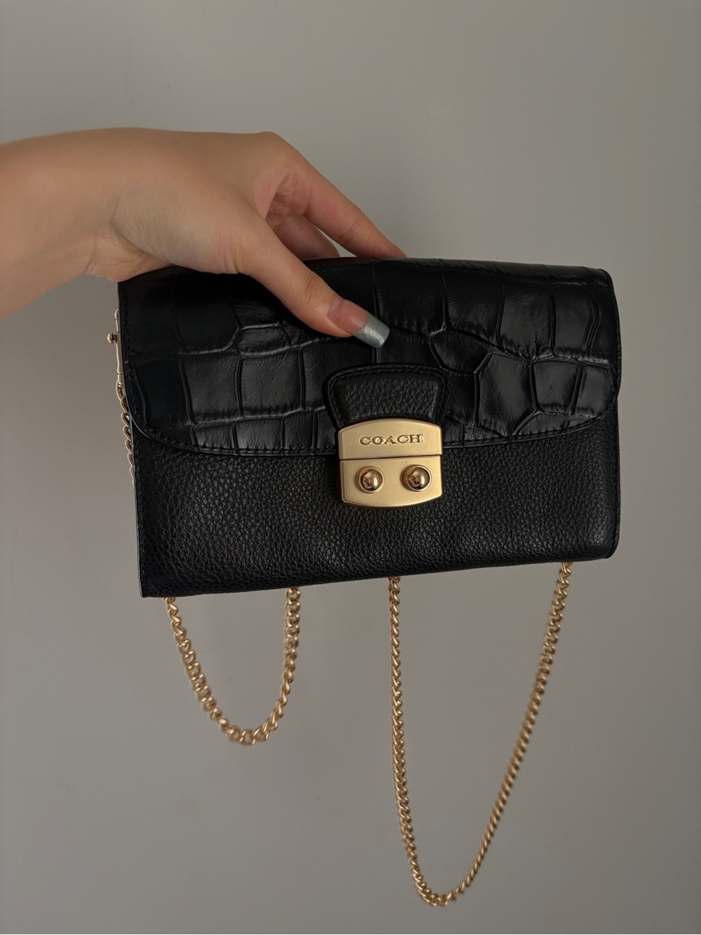 Coach Black leather crocodile clutch wallet bag